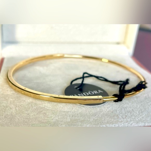 ❌SOLD❌New Pandora Signature 14k Solid Gold I-D Bangle Bracelet 552227C00 Size 2 - Picture 5 of 9